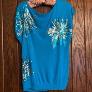 INC International Concepts Blue Top with Sequins Flower Design, Size M